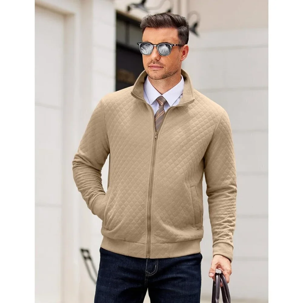 COOFANDY Men Black Zip Up Mock Neck Quilted Lightweight Sweater Jacket